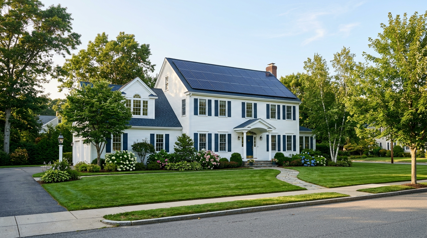 A New England suburban home with rooftop solar panels and a landscaped lawn